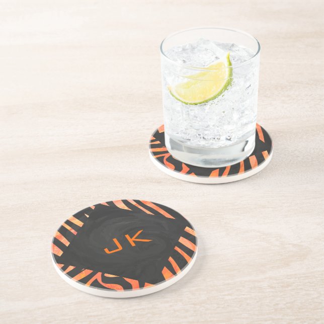 Dessous De Verre En Grès Monogramme de zèbre orange et noir (Côté)