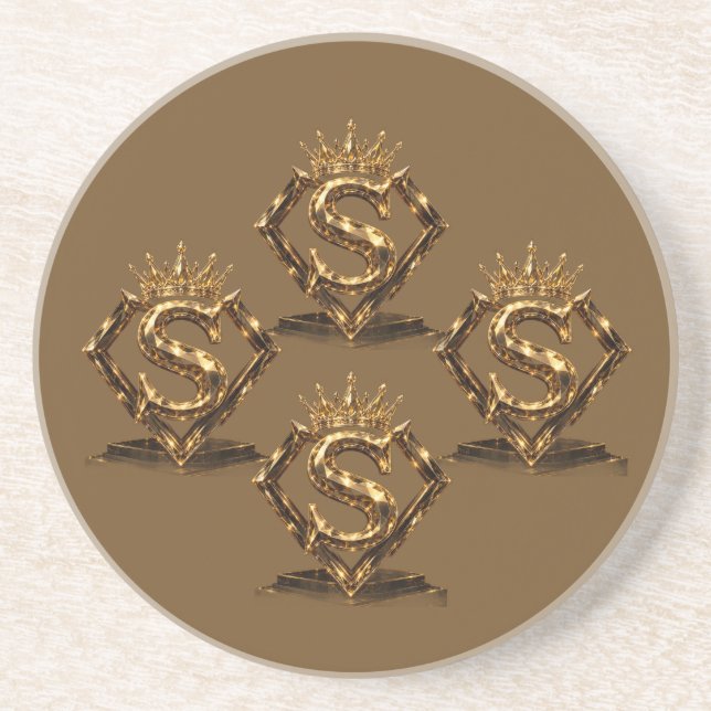 Dessous De Verre En Grès Monogramme Diamant Couronne Lettre Dorée S de Luxe (Devant)
