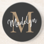Dessous De Verre En Grès Monogramme d'or noir féminin Script élégant modern<br><div class="desc">Monogramme d'or noir féminin Script Dessous de verre moderne élégant. Personnalisez facilement ce dessous de verre moderne et élégant avec votre monogramme et votre nom personnalisés.</div>