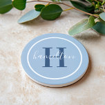 Dessous De Verre En Grès Monogramme élégant bleu rond écriture nom<br><div class="desc">Un élégant dessous de verre en grès comportant une initiale serif bleu foncé et un nom de famille personnalisé en écriture, encadré par un cercle blanc sur un fond bleu poudre doux et poussiéreux. Les tons bleus superposés créent un accent côtier calme et sophistiqué. Un beau cadeau personnalisé pour les...</div>