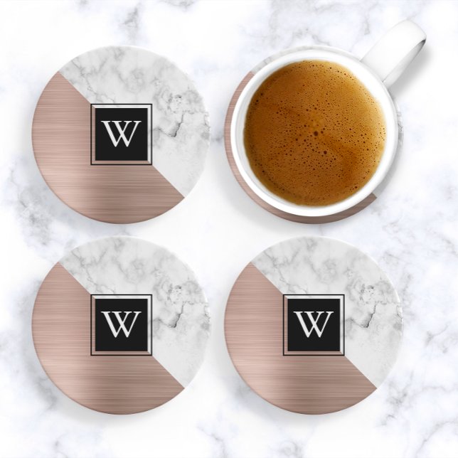 Dessous De Verre En Grès Monogramme élégant en marbre blanc et or rose (Créateur téléchargé)