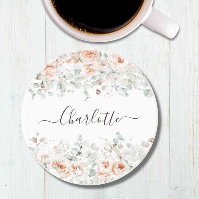 Dessous De Verre En Grès Monogramme Élégant Floral de Rose Rustique de Verd (In situ)
