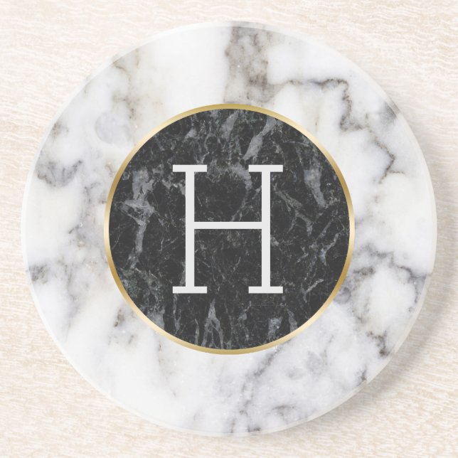 Dessous De Verre En Grès Monogramme en marbre blanc et noir (Devant)