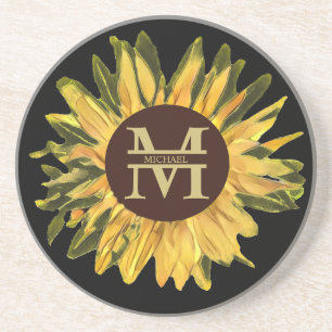 Dessous De Verre En Grès Monogramme et nom de tournesol rustique personnali