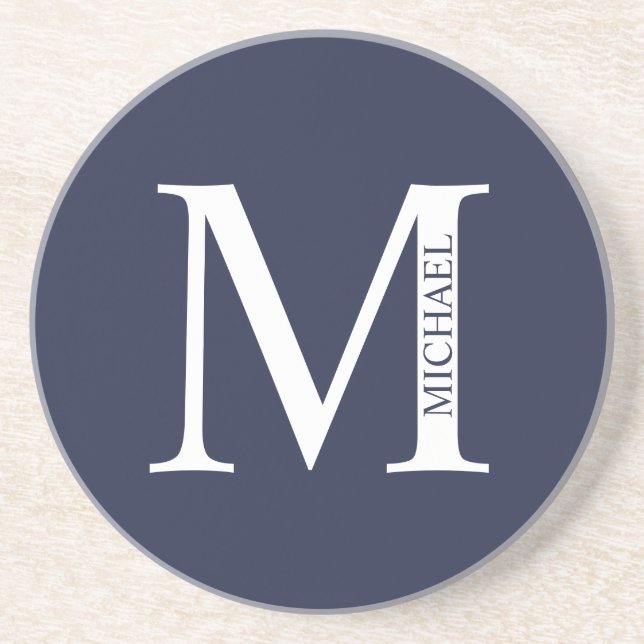 Dessous De Verre En Grès Monogramme et nom personnalisés bleu marine (Devant)