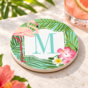 Dessous De Verre En Grès Monogramme Flamant Tropical et Fleurs d'Hibiscus