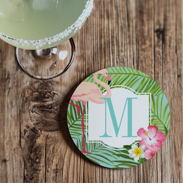 Dessous De Verre En Grès Monogramme Flamant Tropical et Fleurs d'Hibiscus (Créateur téléchargé)