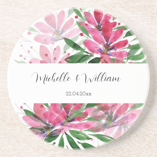 Dessous De Verre En Grès Monogramme Floral Bohème Rose Aquarelle (Devant)