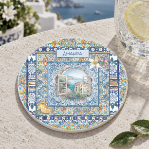 Dessous De Verre En Grès monogramme floral italien été carreaux bleus citru