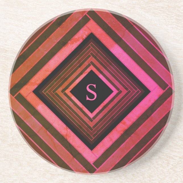 Dessous De Verre En Grès Monogramme géométrique rose rustique Carré moderne (Devant)