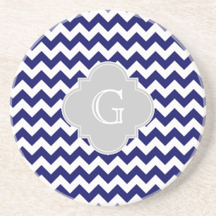 Dessous De Verre En Grès Monogramme gris blanc de Chevron Quatrefoil de