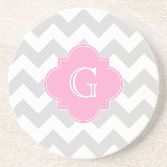 Dessous De Verre En Grès Monogramme gris clair blanc Chevron rose Quatrefoi (Devant)