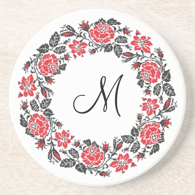 Dessous De Verre En Grès Monogramme initial des roses rouges à point croisé (Devant)