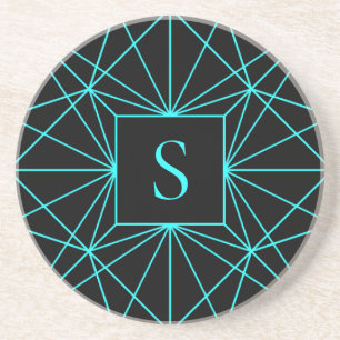 Dessous De Verre En Grès Monogramme Initial Motif Géométrique Turquoise
