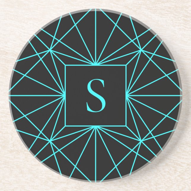 Dessous De Verre En Grès Monogramme Initial | Motif Géométrique Turquoise (Devant)