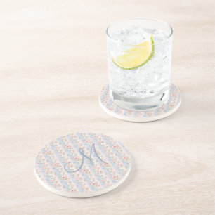 Dessous De Verre En Grès Monogramme Initial Rose Bleu Rayé Fleurs Roses