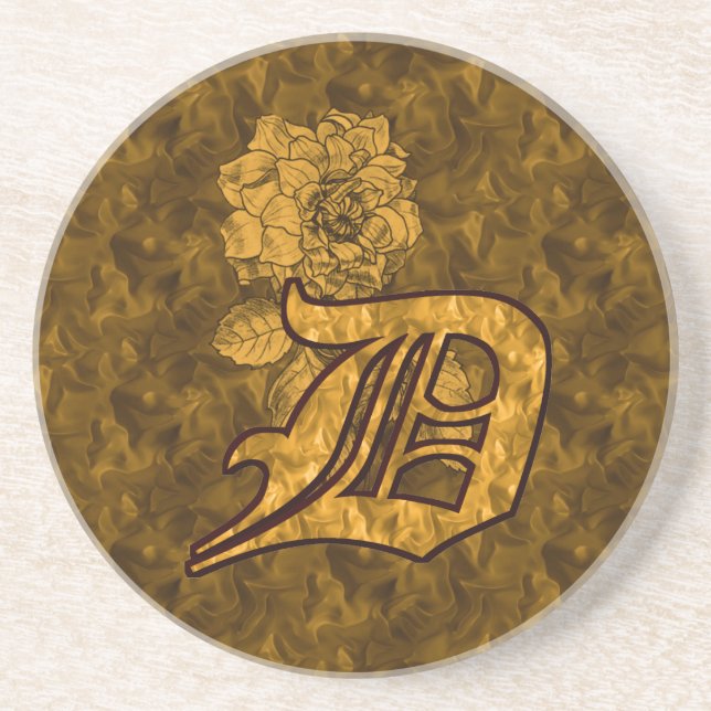 Dessous De Verre En Grès Monogramme Initiale D Fleur de Pivoine en Or (Devant)