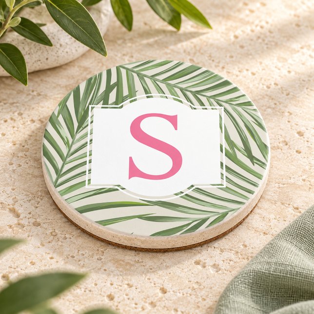 Dessous De Verre En Grès Monogramme Initiale Feuilles de Palmier Vert Rose  (Créateur téléchargé)