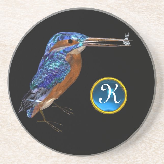 Dessous De Verre En Grès MONOGRAMME KINGFISHER, Sapphire Bleu, Noir (Devant)