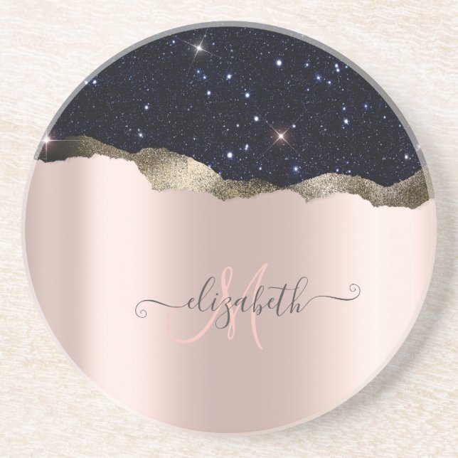 Dessous De Verre En Grès Monogramme Moderne Rose Gold Pailleté Noir (Devant)