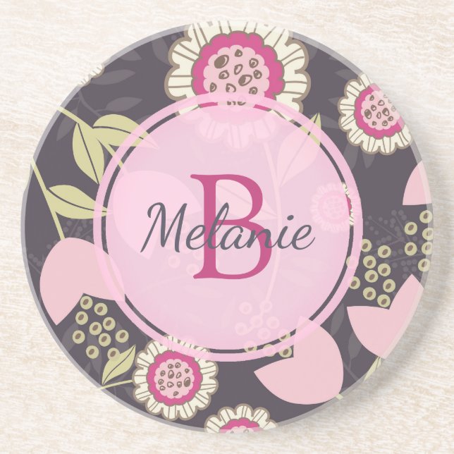 Dessous De Verre En Grès Monogramme Motif de grande tulipe rose (Devant)