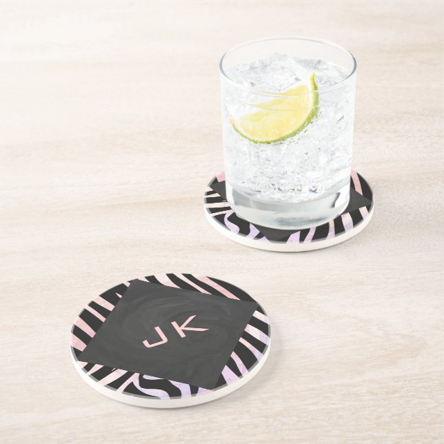 Dessous De Verre En Grès Monogramme noir et rose Zebra (Côté)