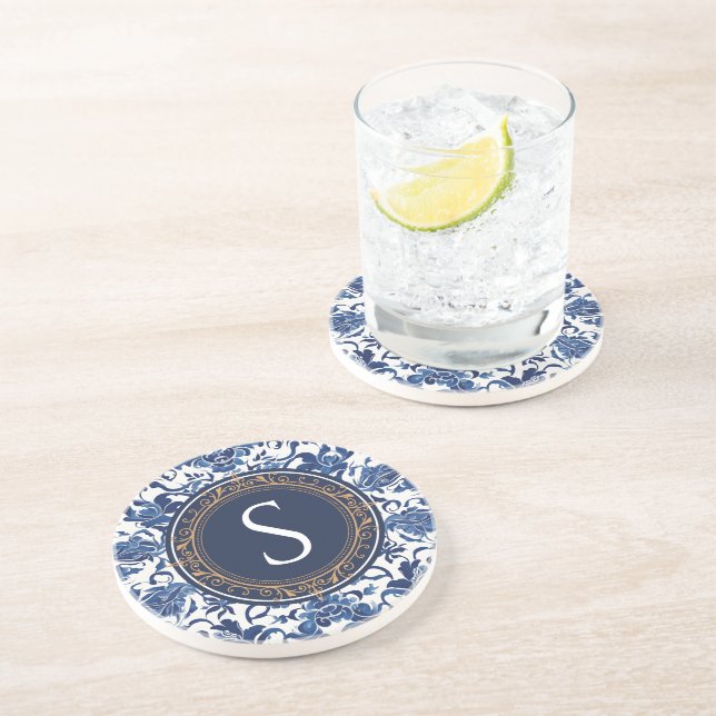 Dessous De Verre En Grès Monogramme oriental bleu et blanc initial (Côté)