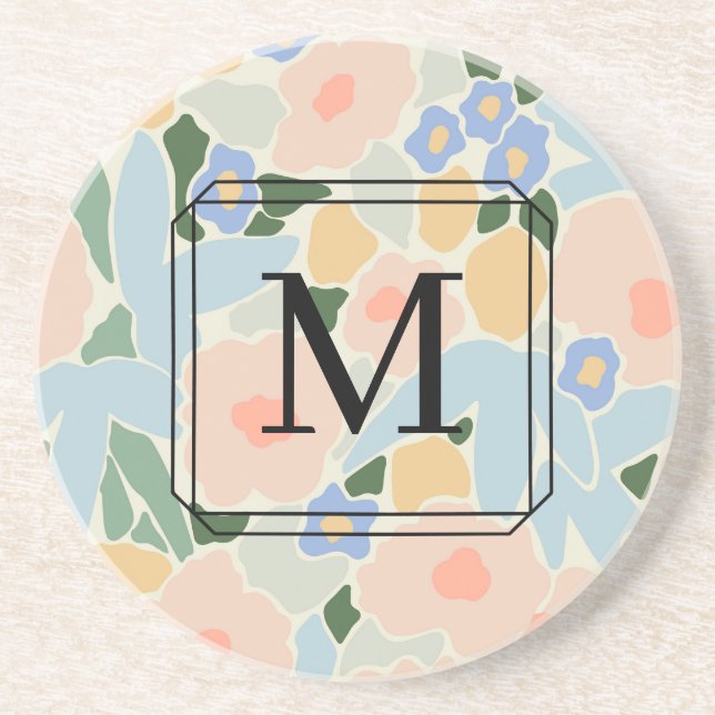 Dessous De Verre En Grès Monogramme Pastel Rose Bleu clair Fleur Motif caca (Devant)