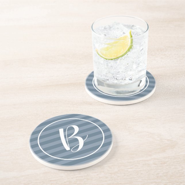 Dessous De Verre En Grès Monogramme personnalisable Rayures Bleues (Côté)