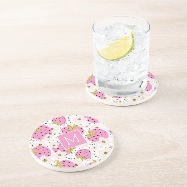 Dessous De Verre En Grès Monogramme personnalisé de fraises roses (Côté)