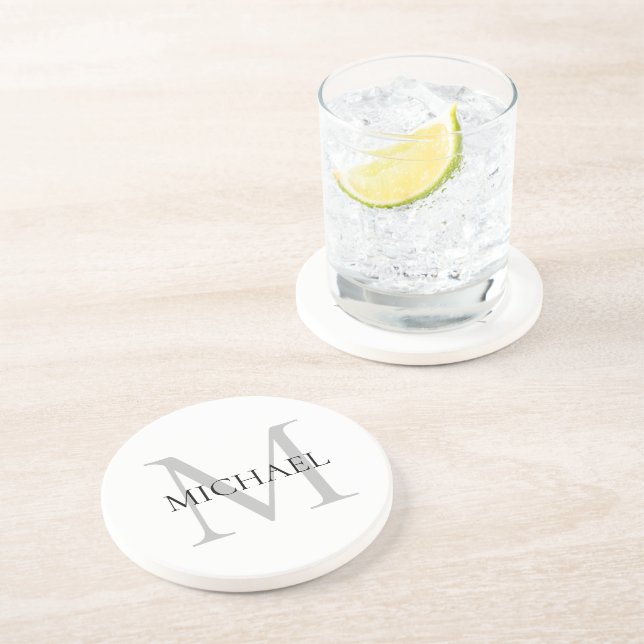 Dessous De Verre En Grès Monogramme personnalisé et nom blanc (Côté)
