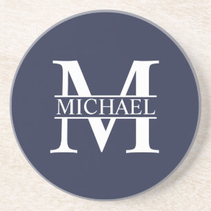 Dessous De Verre En Grès Monogramme personnalisé et nom bleu marine