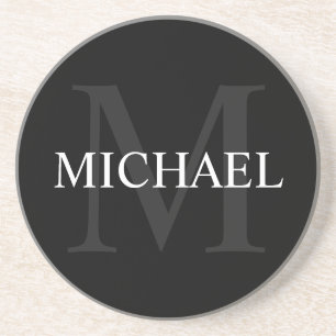 Dessous De Verre En Grès Monogramme personnalisé et nom noir
