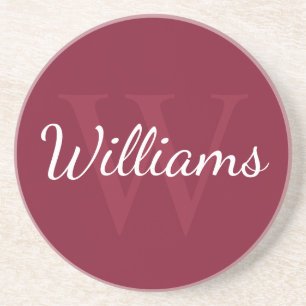 Dessous De Verre En Grès Monogramme personnalisé et nom rouge bordeaux