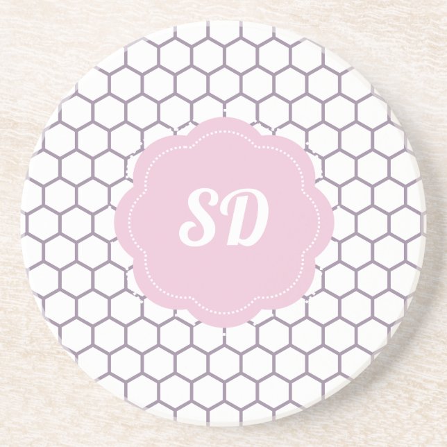 Dessous De Verre En Grès Monogramme personnalisé hexagone en nid d'abeille  (Devant)