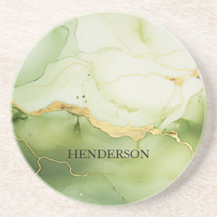 Dessous De Verre En Grès Monogramme personnalisé moderne Sage vert et or