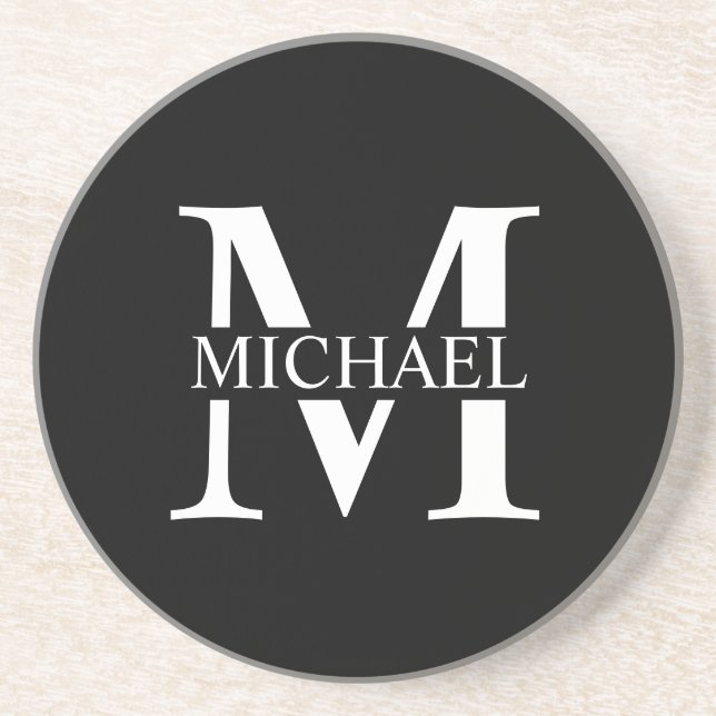 Dessous De Verre En Grès Monogramme personnalisé noir et nom (Devant)