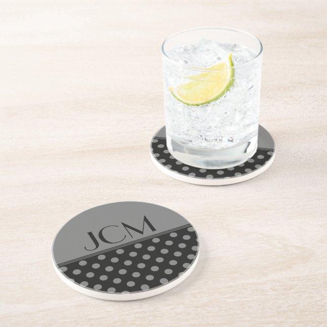 Dessous De Verre En Grès Monogramme points gris sur fond noir  (Côté)