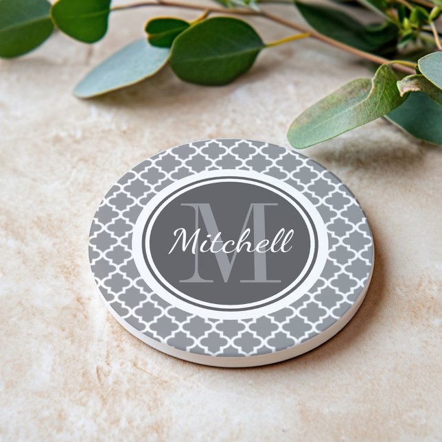 Dessous De Verre En Grès Monogramme Quatrefoil Gris Charbon Moderne (Créateur téléchargé)