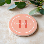 Dessous De Verre En Grès Monogramme rond élégant corail orange écriture scr<br><div class="desc">Un élégant dessous de verre en grès comportant une initiale sérif orange rouge et un nom de famille personnalisé en écriture, encadré par un cercle blanc sur un fond rose pêche corail doux. La palette chaude, inspirée du coucher de soleil, ajoute une touche de couleur vive à tout intérieur. Un...</div>