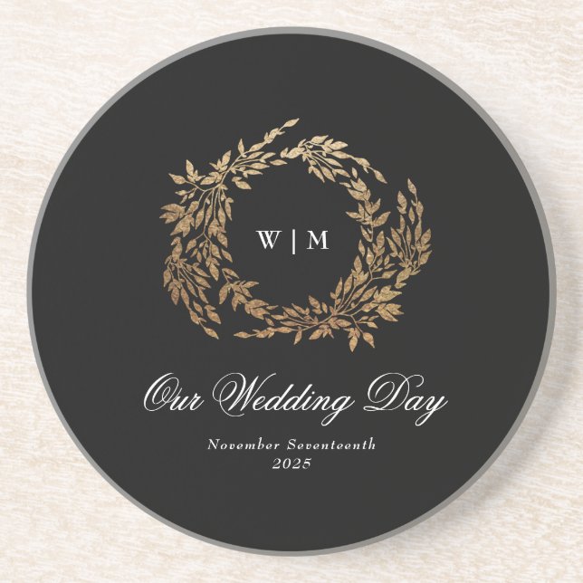 Dessous De Verre En Grès Monogramme traditionnel Noir Crest Mariage classiq (Devant)