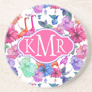Dessous De Verre En Grès Monogramme tropical du motif d'aquarelle