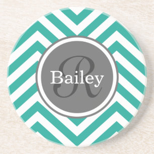 Dessous De Verre En Grès Monogramme turquoise bleu Chevron