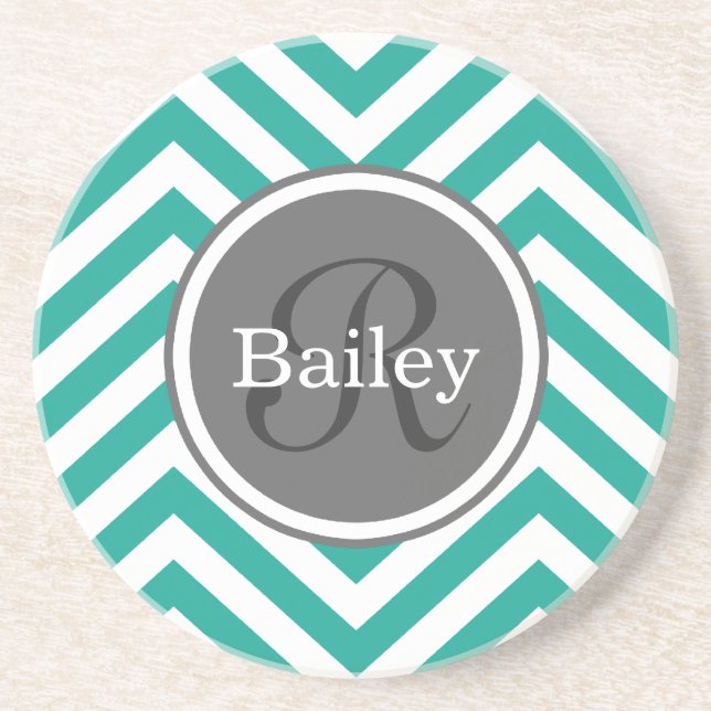 Dessous De Verre En Grès Monogramme turquoise bleu Chevron (Devant)