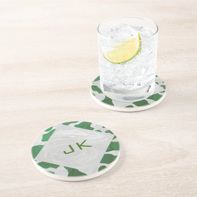 Dessous De Verre En Grès Monogramme vert et blanc de vache (Côté)