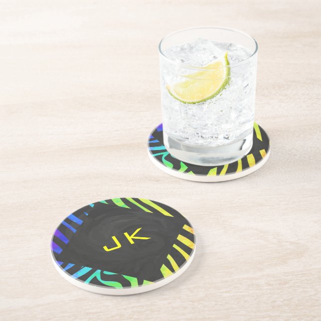 Dessous De Verre En Grès Monogramme Zebra noir et arc-en-ciel (Côté)