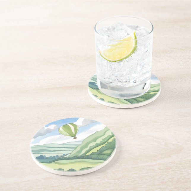 Dessous De Verre En Grès Montgolfière | Paysage aquarelle verte (Côté)