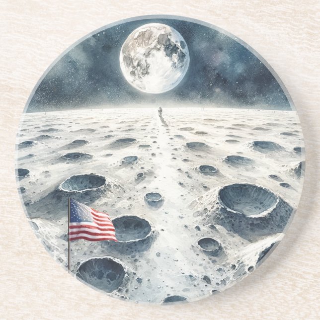 Dessous De Verre En Grès Moon Landing - Astronaut & American Flag (Devant)