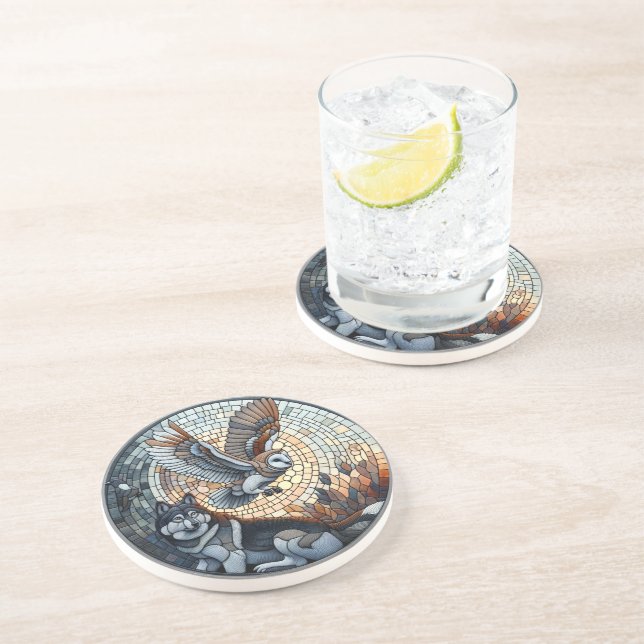 Dessous De Verre En Grès Mosaïque de chouette et de loup Ai Art  (Côté)