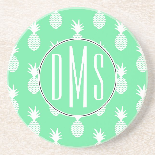 Dessous De Verre En Grès Motif à la menthe d'ananas| Monogramme (Devant)